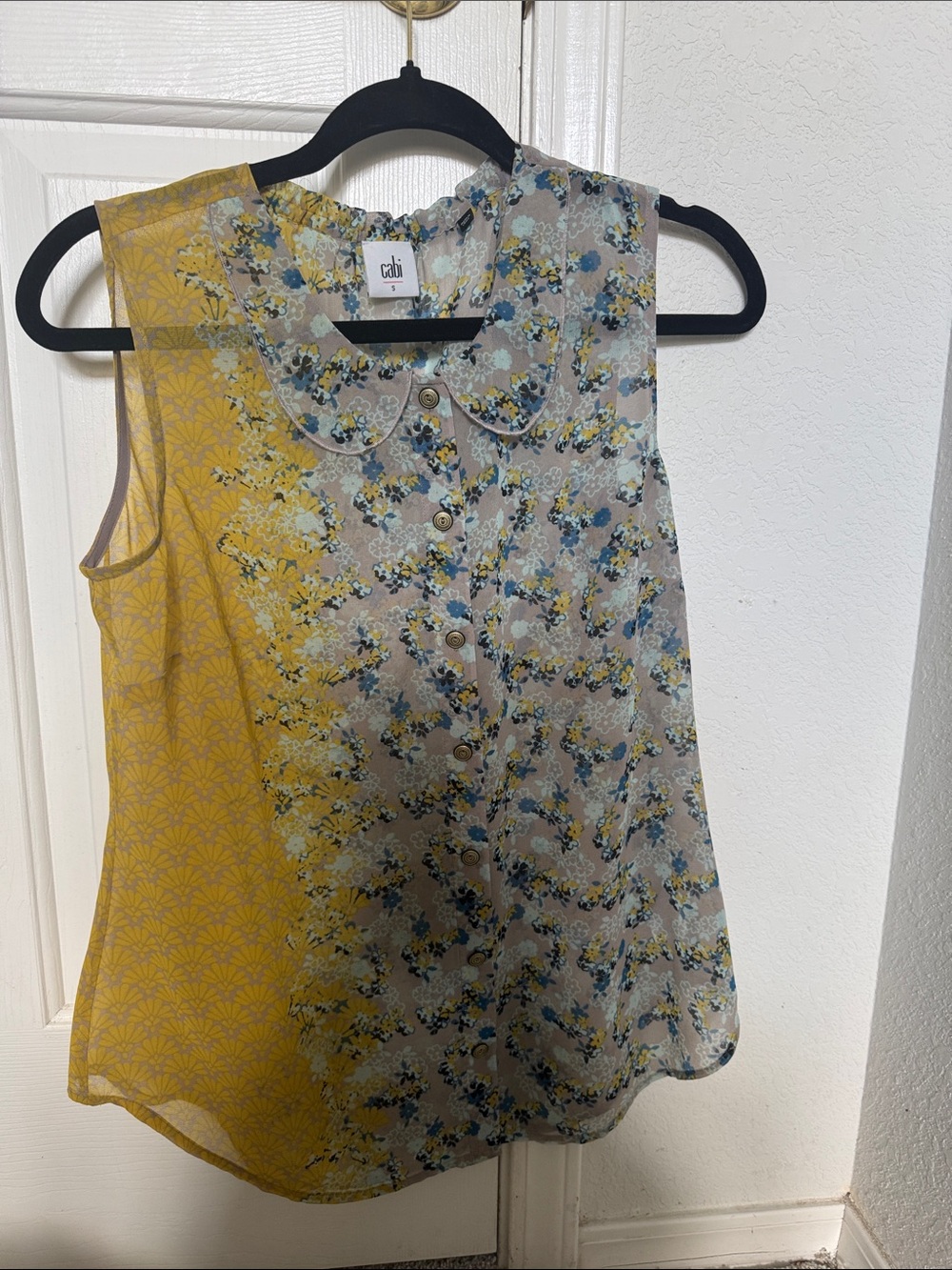 CAbi Yellow and Gray Floral Split-Panel Sleeveless Top
